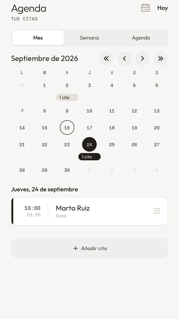 Agenda: el mes con tus citas y el detalle del día